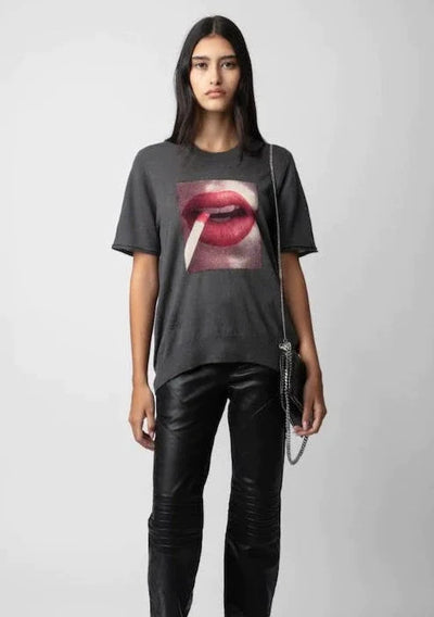 Zadig & Voltaire Ida Lips Photoprint Cashmere Top - Dark Grey