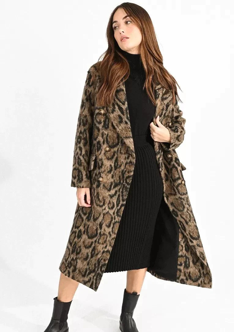 Molly Bracken Leopard Print Long Coat - Brown