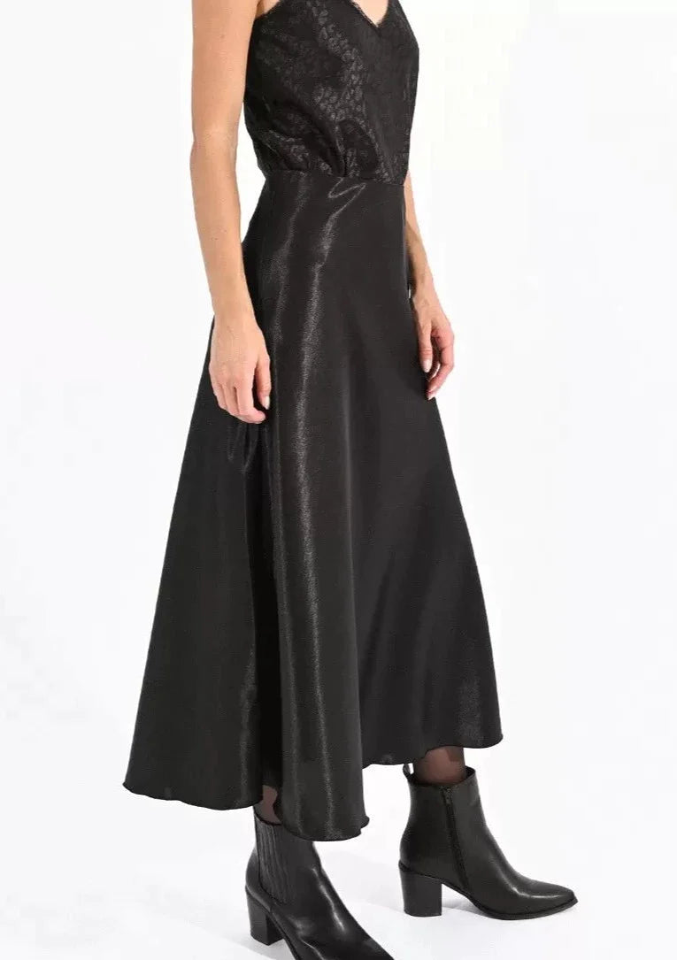 Molly Bracken Long Satin Slip Skirt - Black