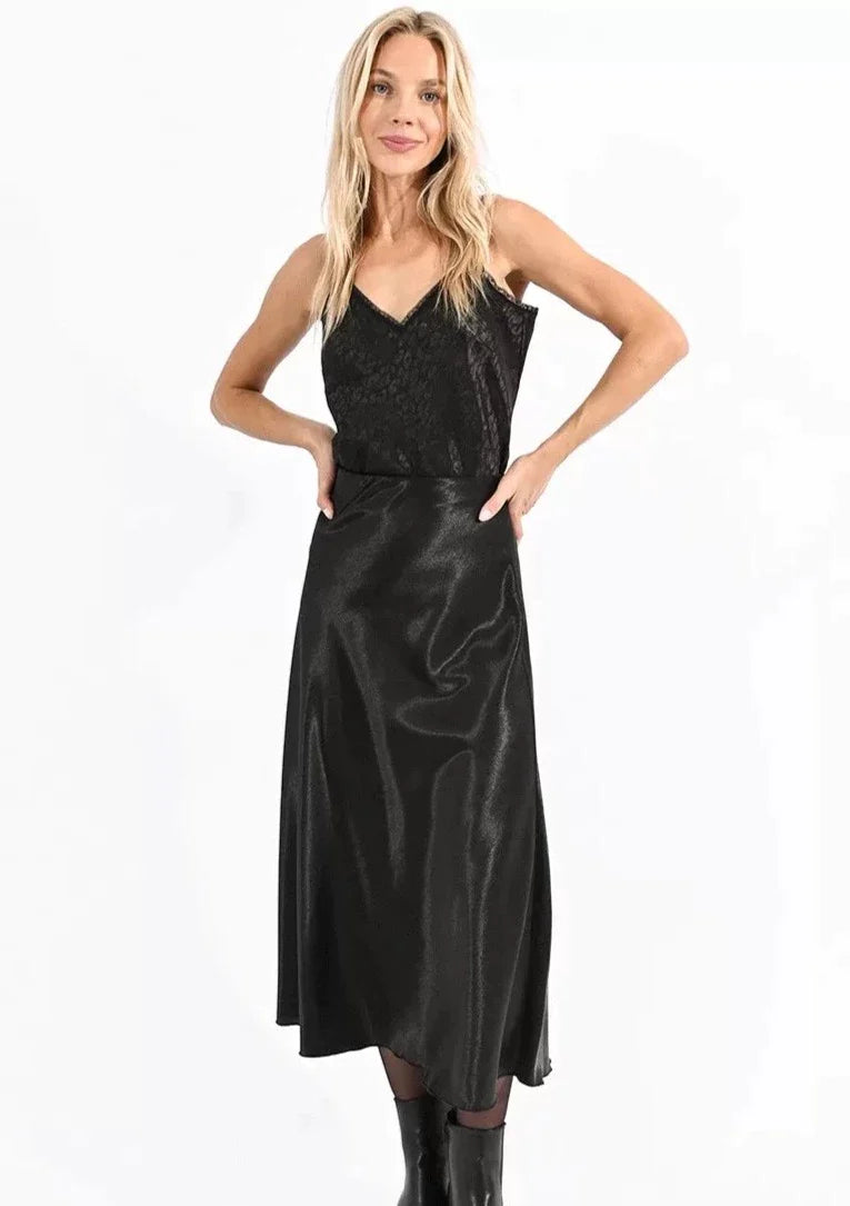 Molly Bracken Long Satin Slip Skirt - Black