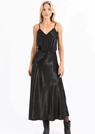 Molly Bracken Long Satin Slip Skirt - Black