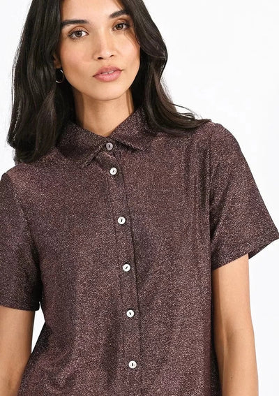 Molly Bracken Sparkle Lurex Button Up S/S Shirt - Bronze