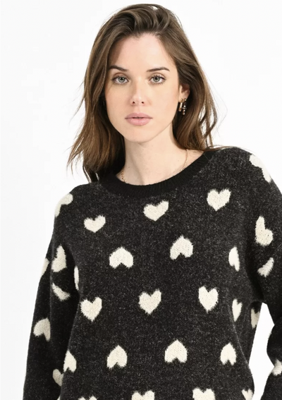 Molly Bracken Heart Print Crew Neck Sweater - Black