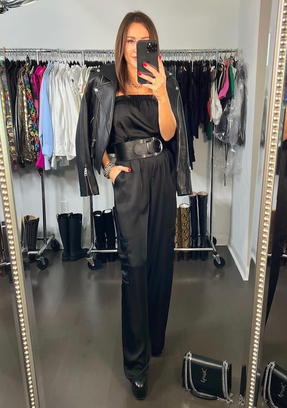 The Pink Door Silky Strapless Cargo Pocket Jumpsuit - Black