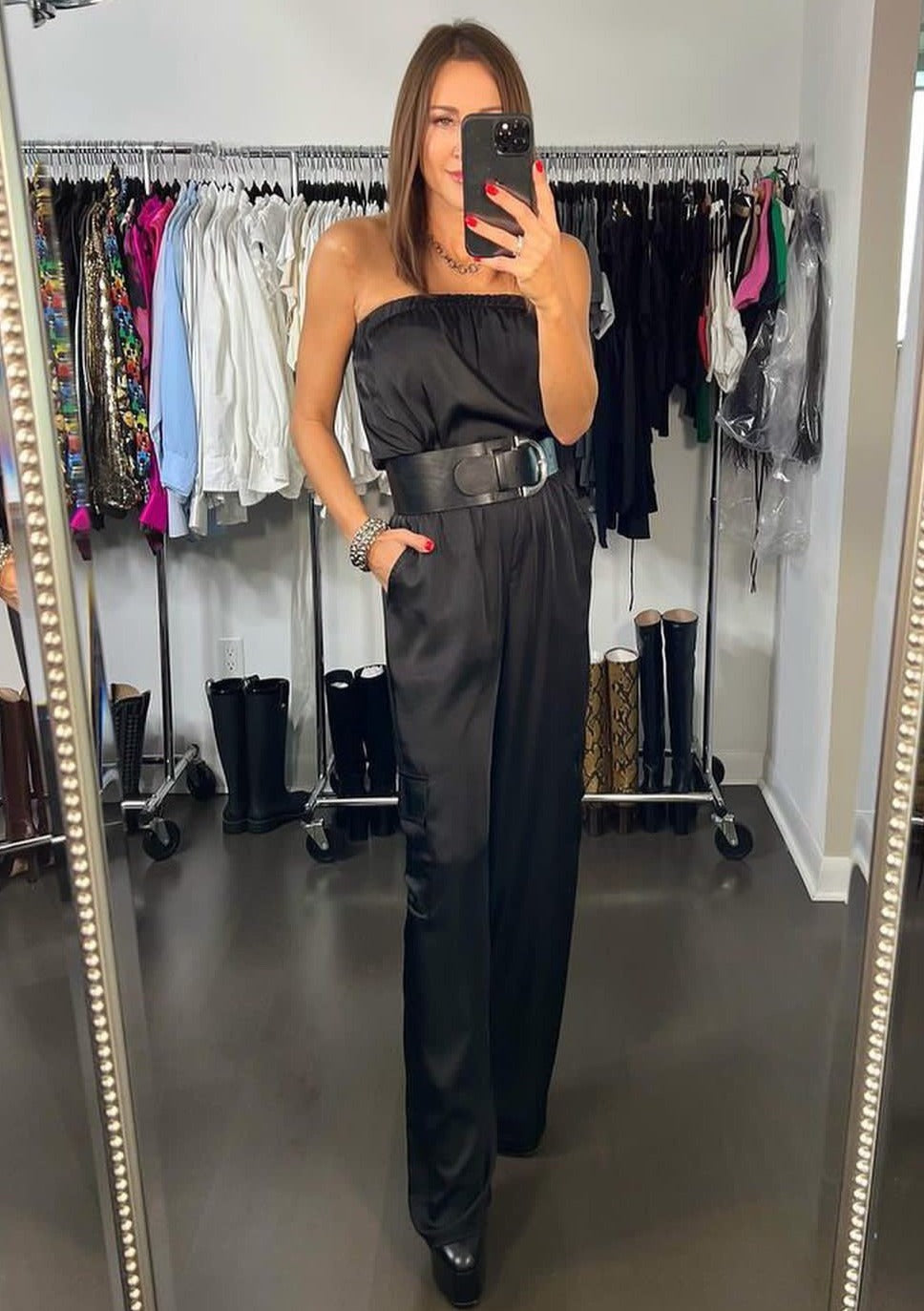 The Pink Door Silky Strapless Cargo Pocket Jumpsuit - Black