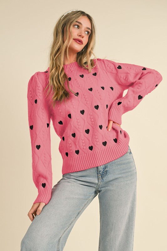 The Pink Door Pouf Sleeve Heart Sweater Pink