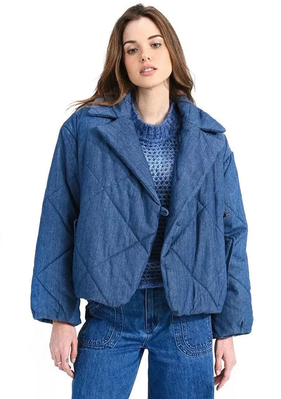 Molly Bracken Quilted Denim Bomber Jacket - Blue