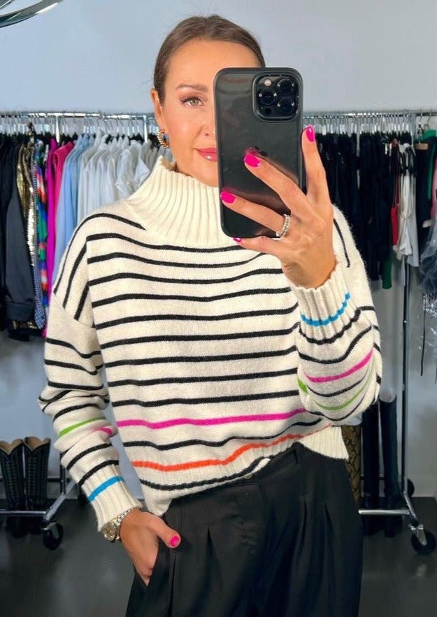 Mock Neck Striped Knit Sweater - Multi Colour