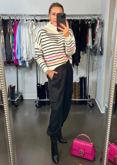 Mock Neck Striped Knit Sweater - Multi Colour