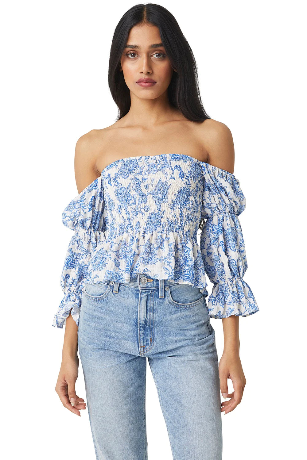 MISA Vida Off The Shoulder Smocked Top - Blue Crush