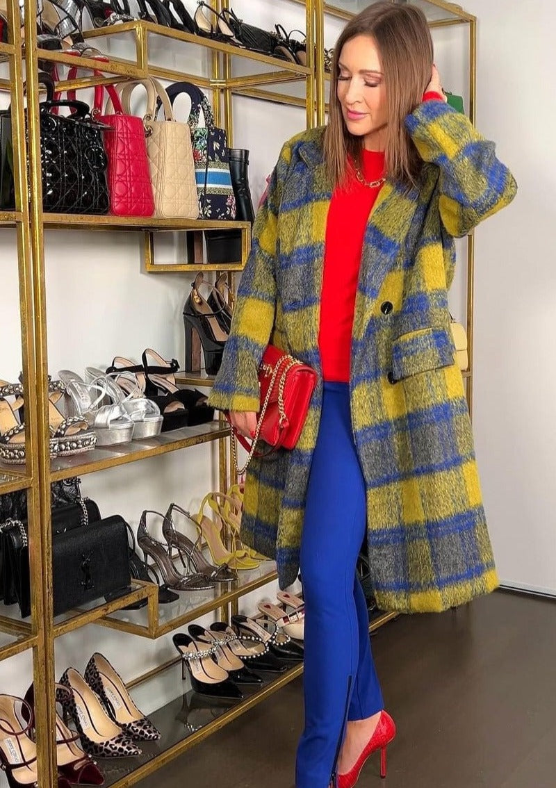 The Pink Door Long Plaid Coat - Blue/Yellow