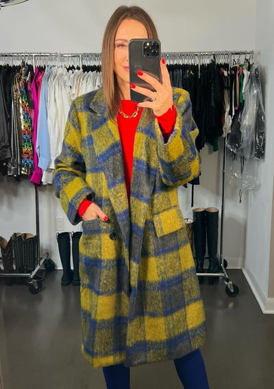 The Pink Door Long Plaid Coat - Blue/Yellow 