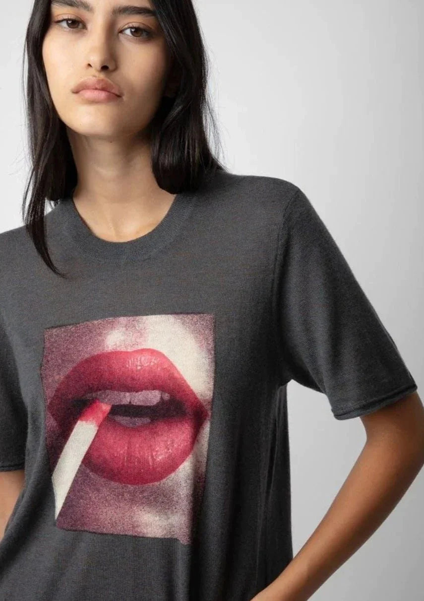 Zadig & Voltaire Ida Lips Photoprint Cashmere Top - Dark Grey