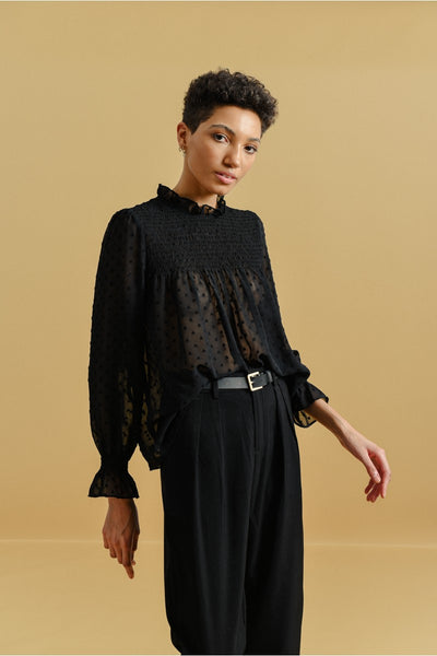 Molly Bracken Black Mock Neck Blouse w/ Ruffle Detail