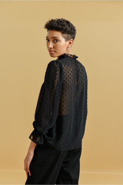 Molly Bracken Black Mock Neck Blouse w/ Ruffle Detail