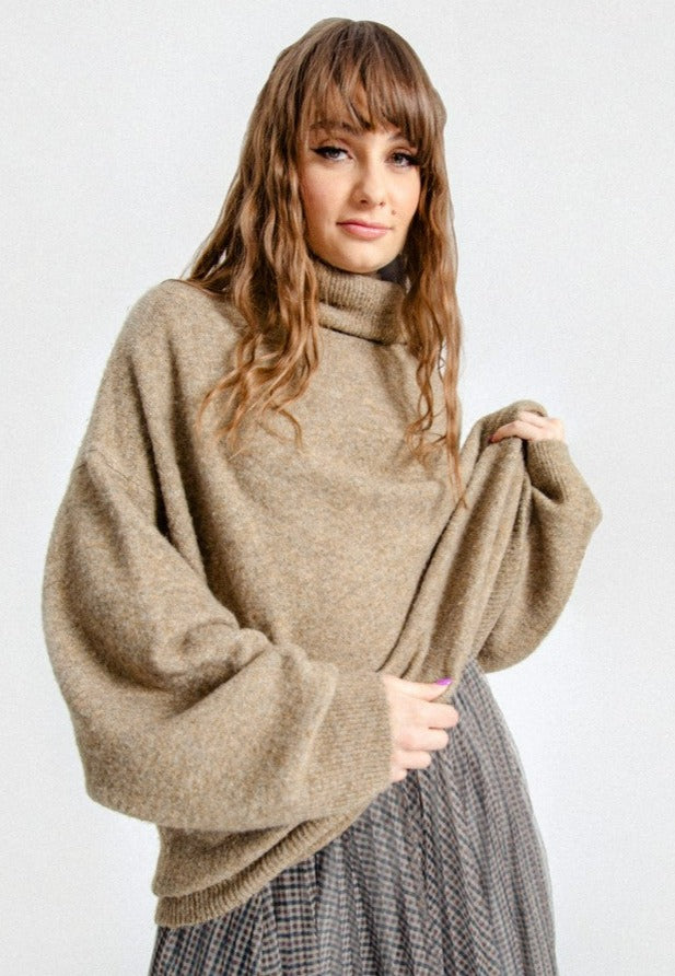 Molly Bracken Khaki Oversized Turtleneck Sweater