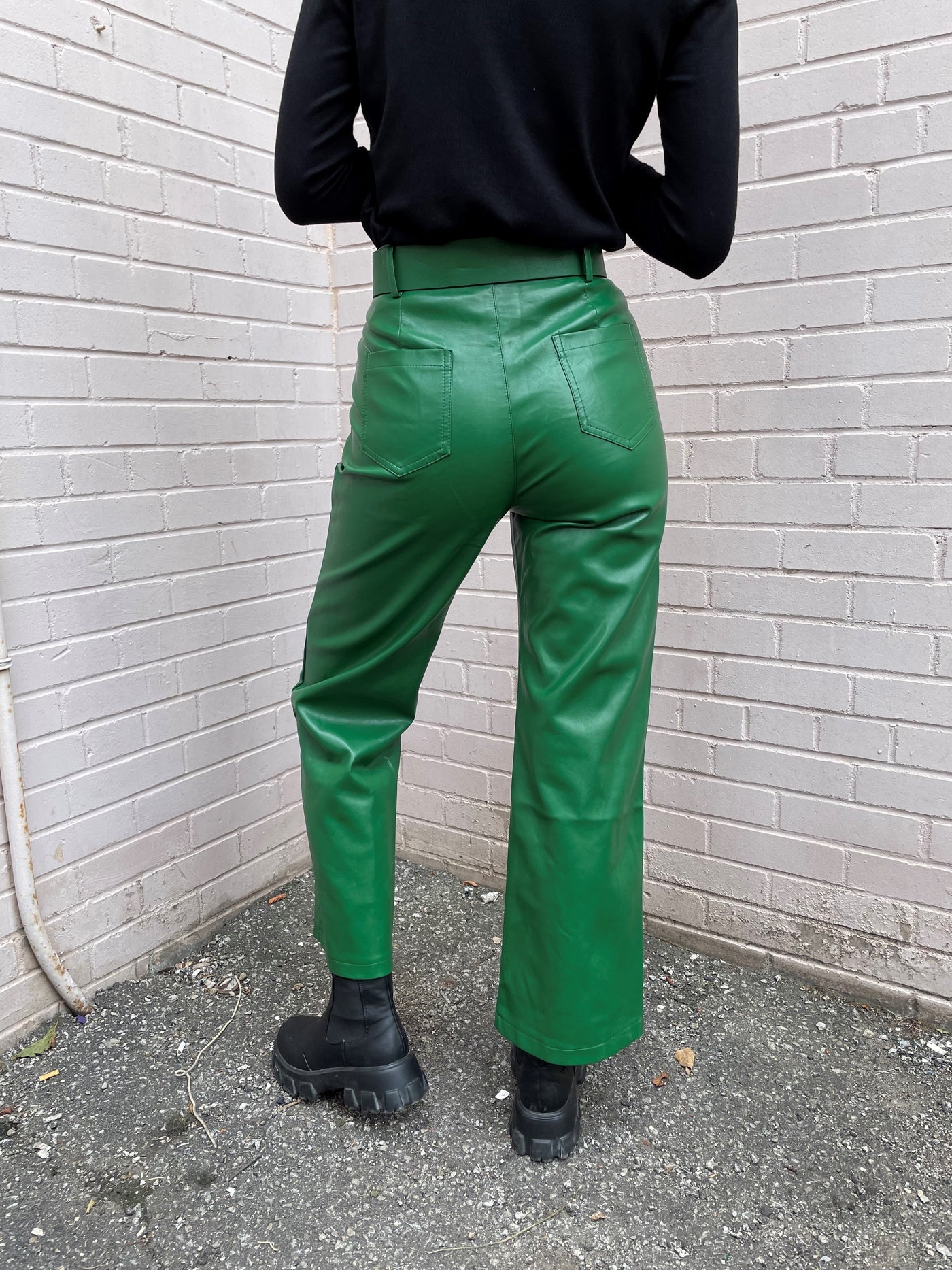 The Pink Door Faux Leather Belted Pant -Green