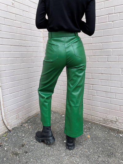 The Pink Door Faux Leather Belted Pant -Green