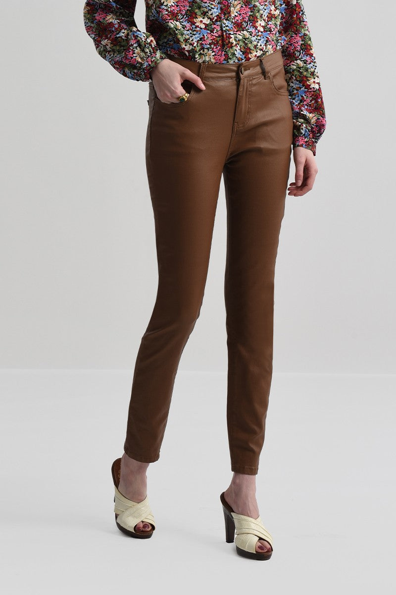 Molly Bracken Cognac Faux Leather Skinny Pants