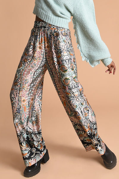 Molly Bracken Black Paisley Print Silky Pants