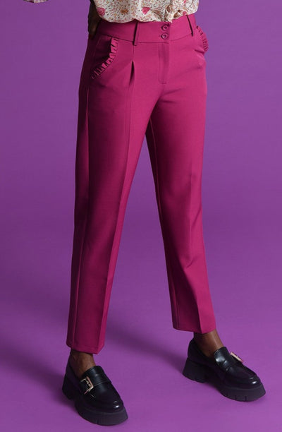 Molly Bracken High Waisted Ruffle Pocket Trousers - Raspberry