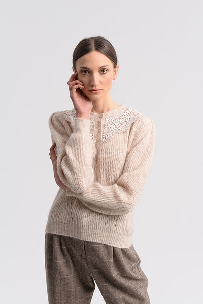 Molly Bracken Beige Knit Sweater w/ Crochet Collar