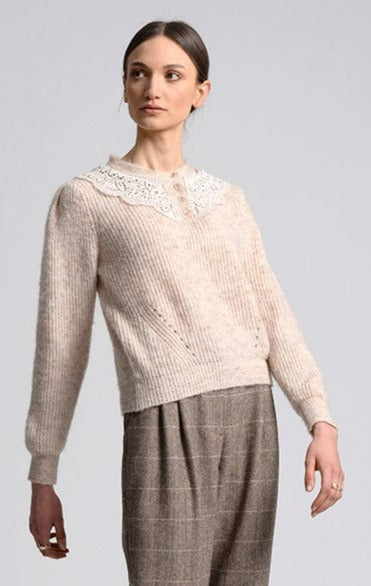 Molly Bracken Beige Knit Sweater w/ Crochet Collar