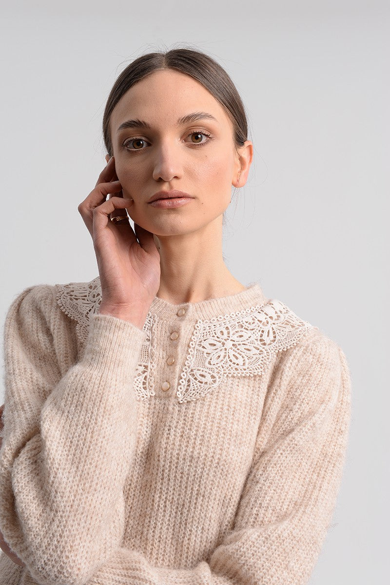 Molly Bracken Beige Knit Sweater w/ Crochet Collar