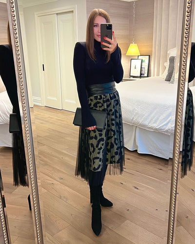 Molly Bracken Olive/Leopard Print Tulle Midi Skirt