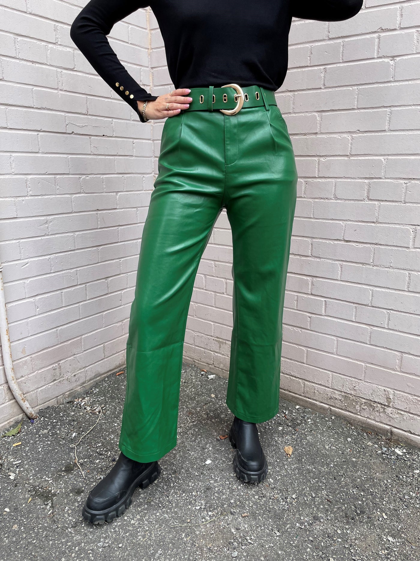 The Pink Door Faux Leather Belted Pant -Green