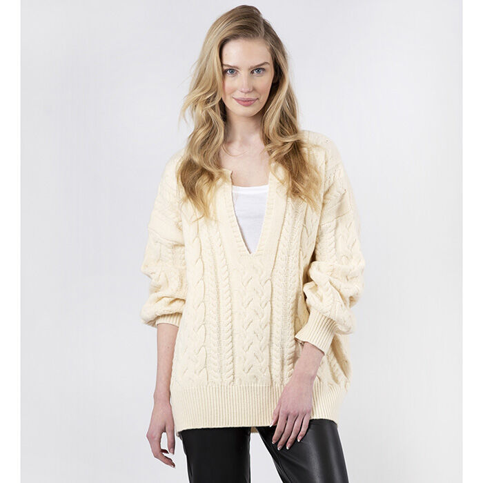 Lyla & Luxe Textured Split Neck Sweater - Bone