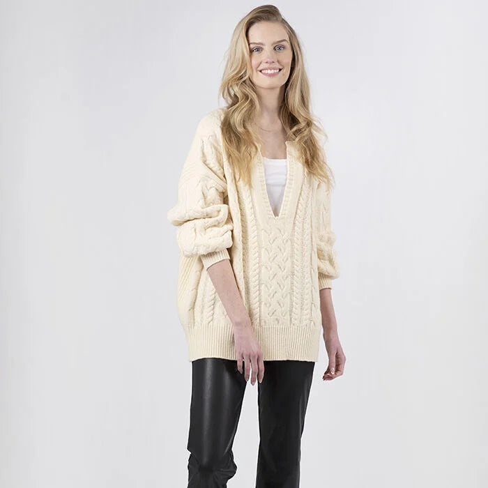 Lyla & Luxe Textured Split Neck Sweater - Bone