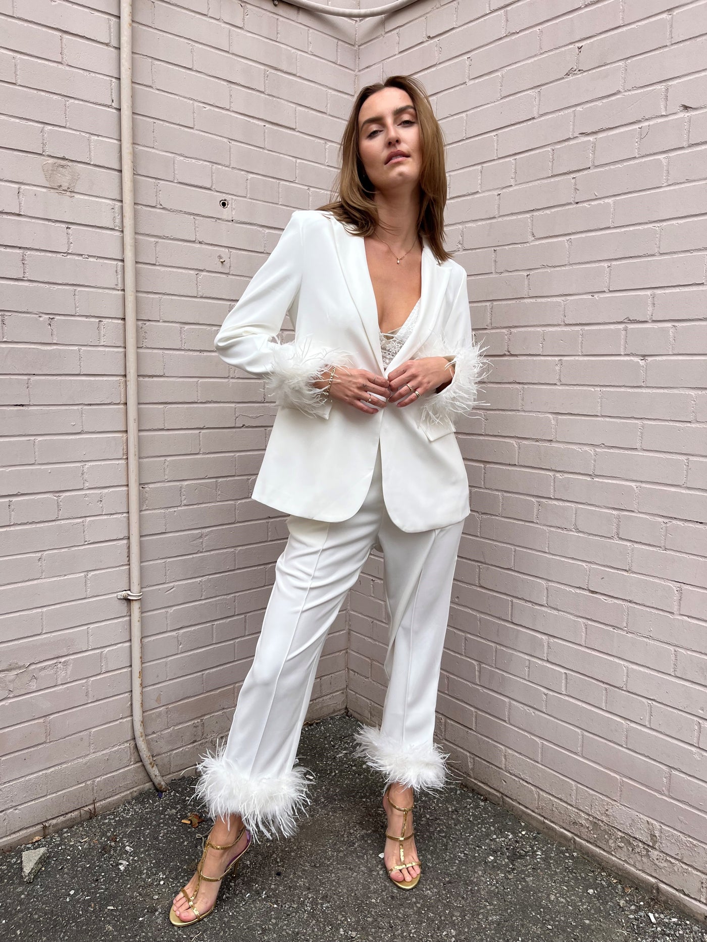 The Pink Door White Feather Trim Pants