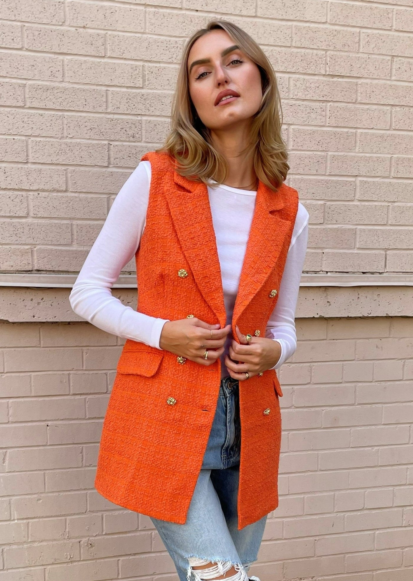 The Pink Door Long Tweed Vest - Orange