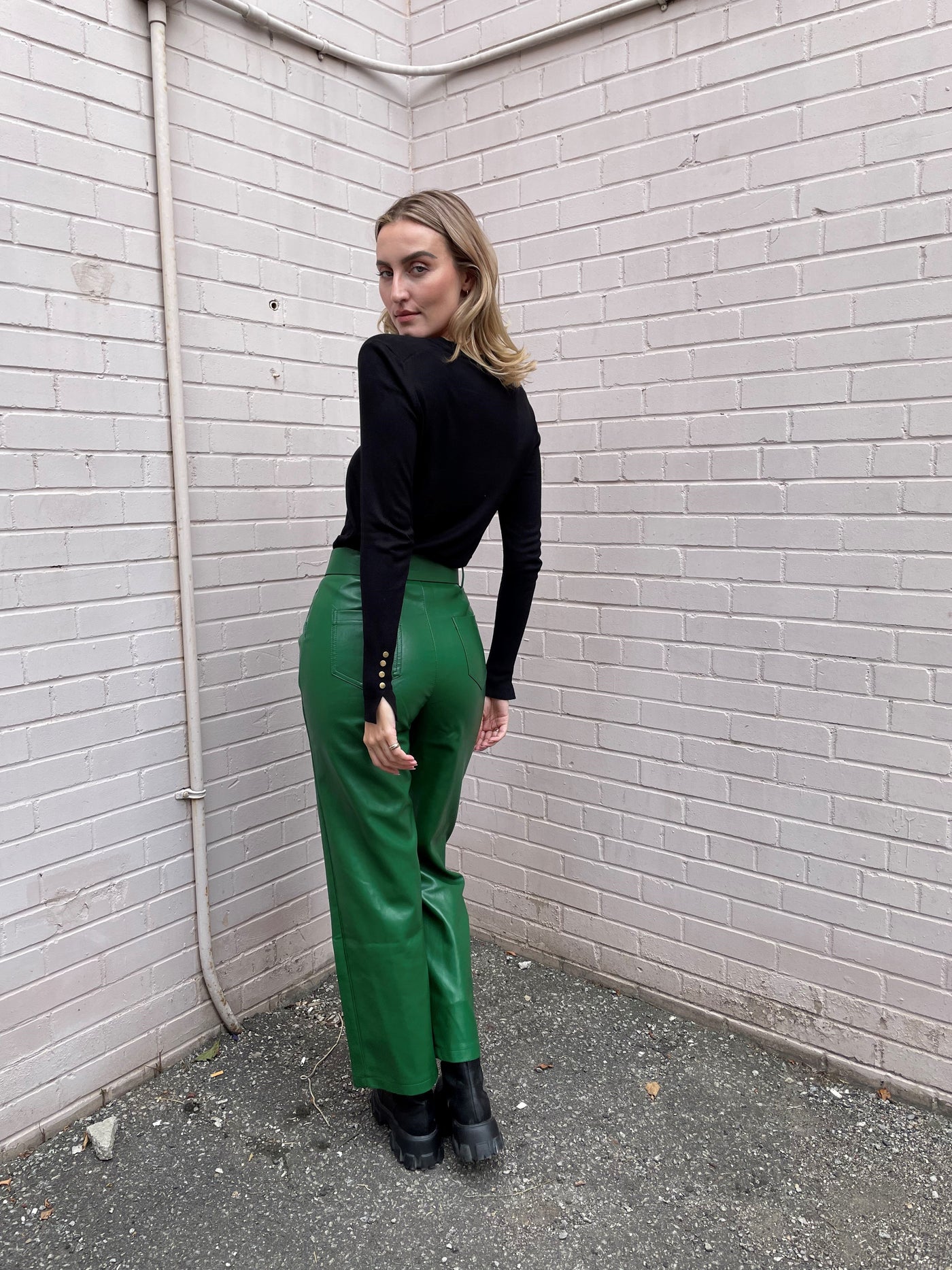 The Pink Door Faux Leather Belted Pant -Green