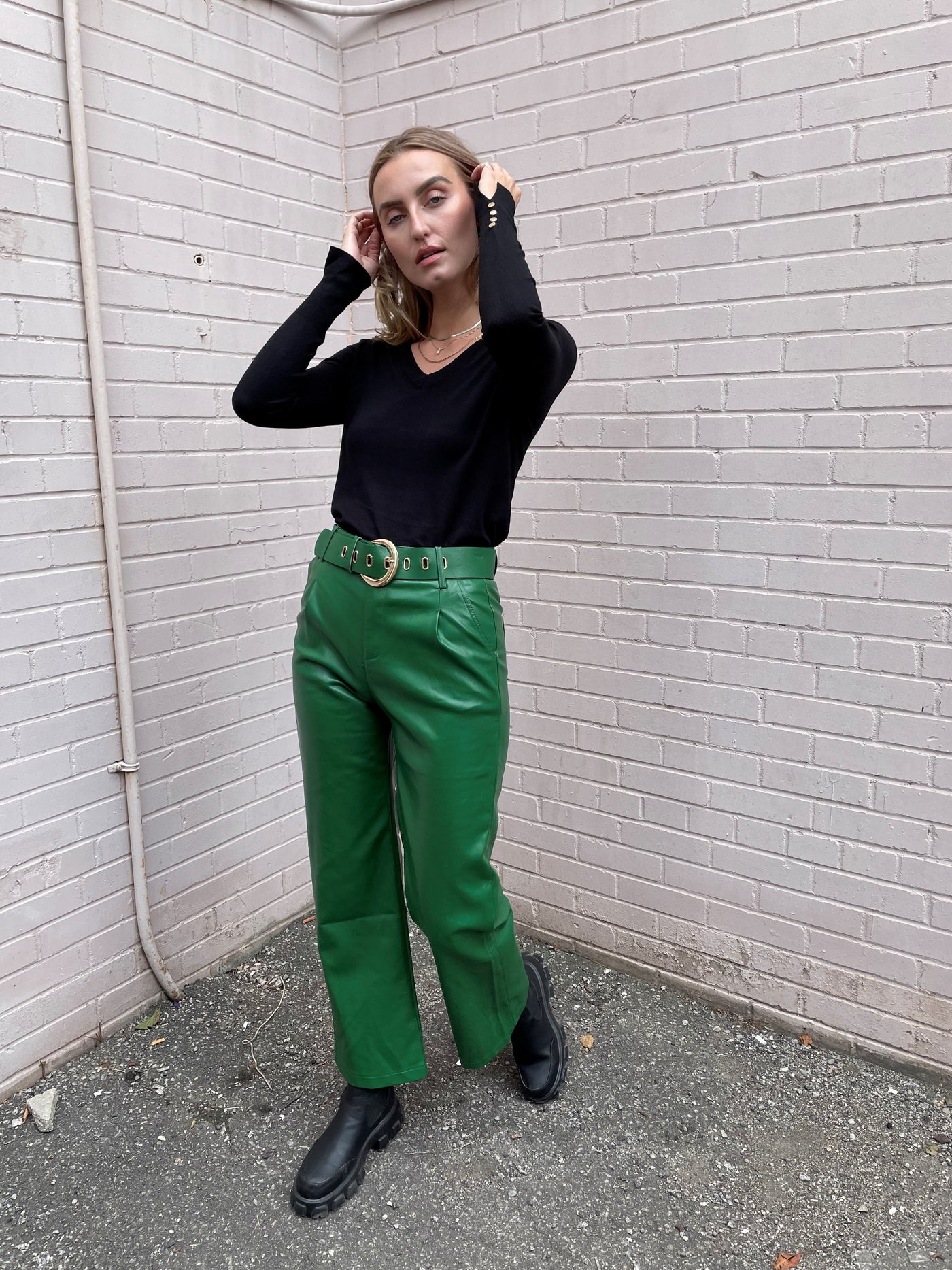 The Pink Door Faux Leather Belted Pant -Green