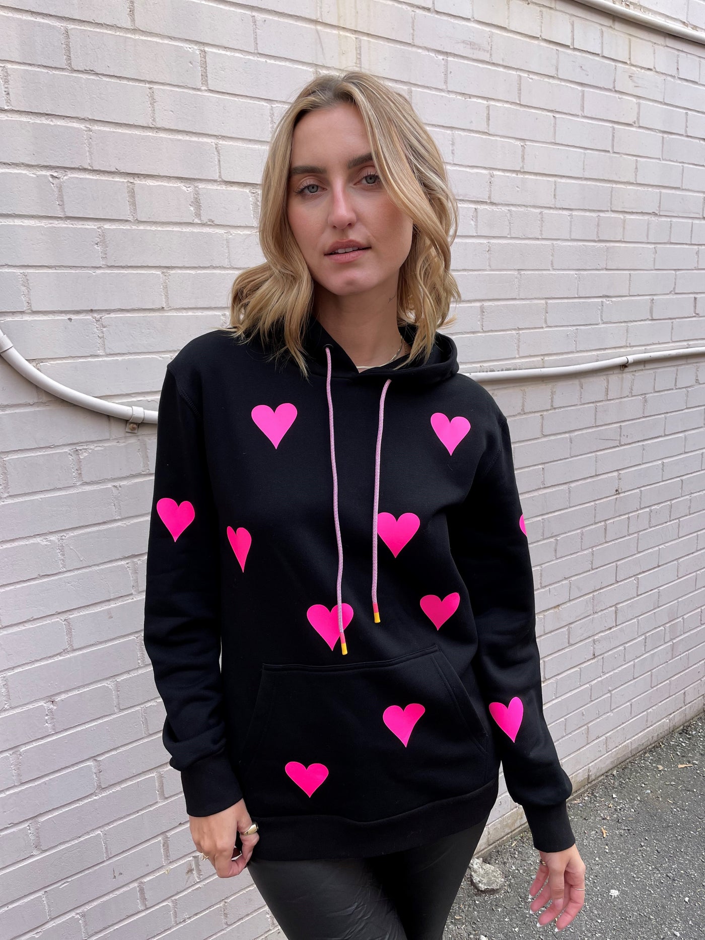 Style Reform Black Hoodie w/ Neon Pink Hearts