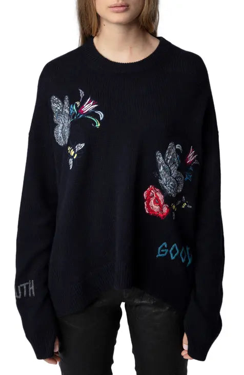 Zadig & Voltaire Navy Cashmere Sweater w/ Floral Accents