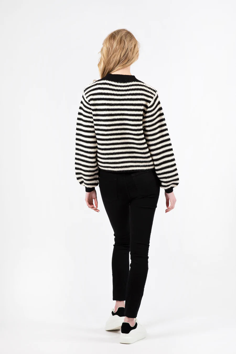 Lyla & Luxe Textured Striped Balloon Sleeve Sweater - Black/White