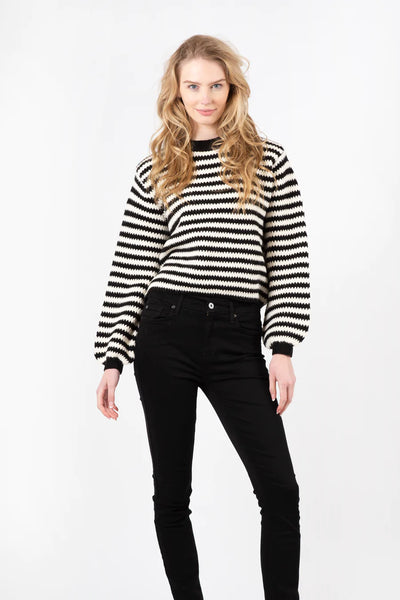 Lyla & Luxe Textured Striped Balloon Sleeve Sweater - Black/White