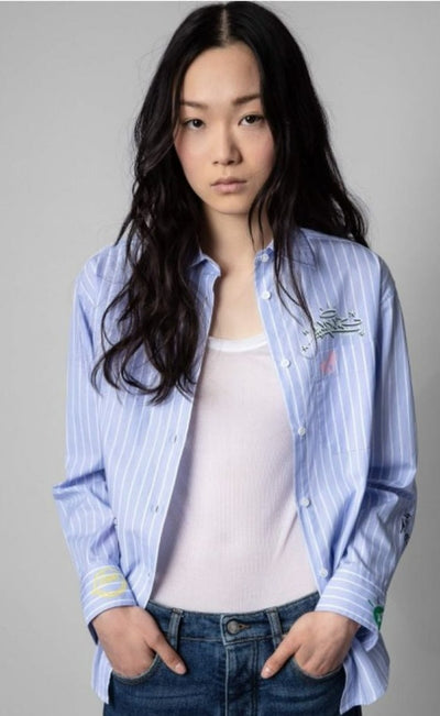 ZADIG & VOLTAIRE Tais Blue Pin Stripe Graffiti Top