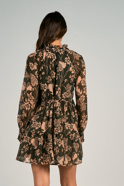 Elan Boho Floral L/S Tiered Dress - Forest Green