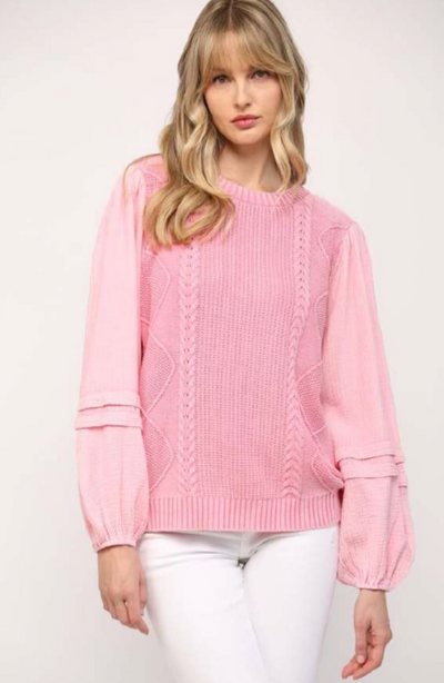 The Pink Door Cable Knit Pink Sweater w/ Pouf Sleeves