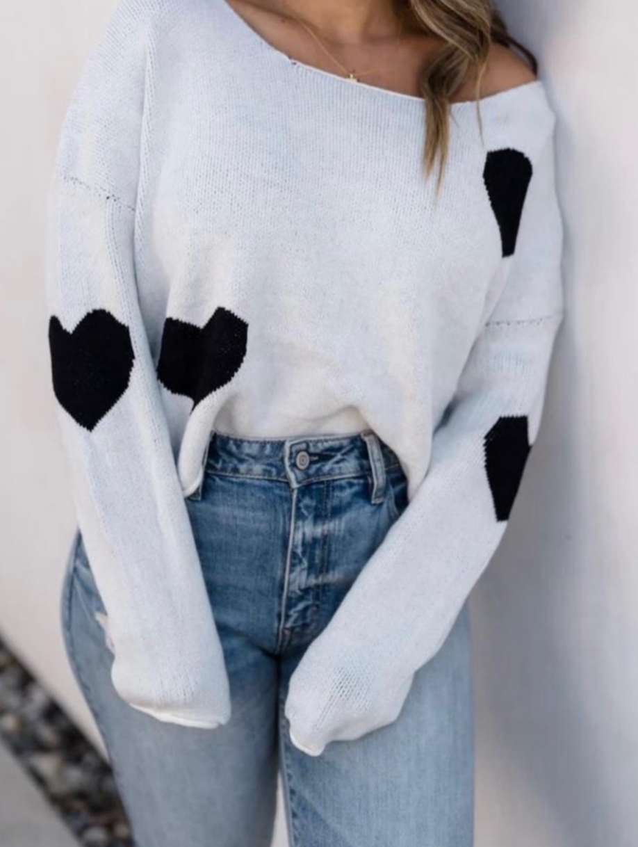 The Pink Door White Sweater w/ Black Heart Detail