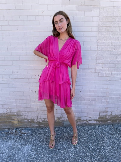 NT Short Silky Ruffle Crossover Dress - Fuchsia