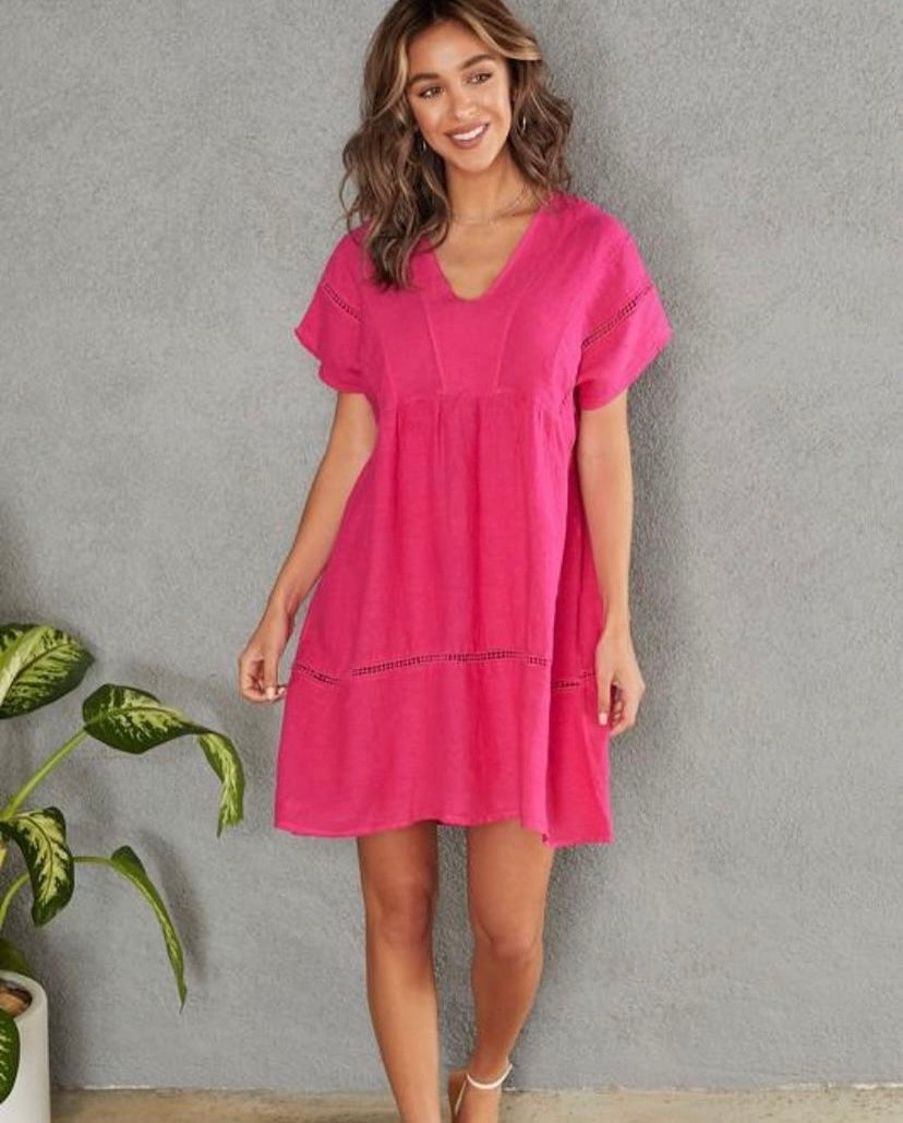 MINI Ruffle Dress w Crochet  - Hot Pink