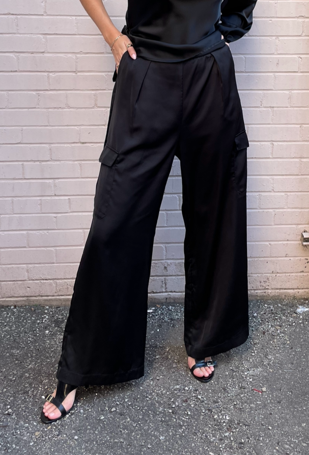 The Pink Door Black Wide Leg Satin Cargo Pants