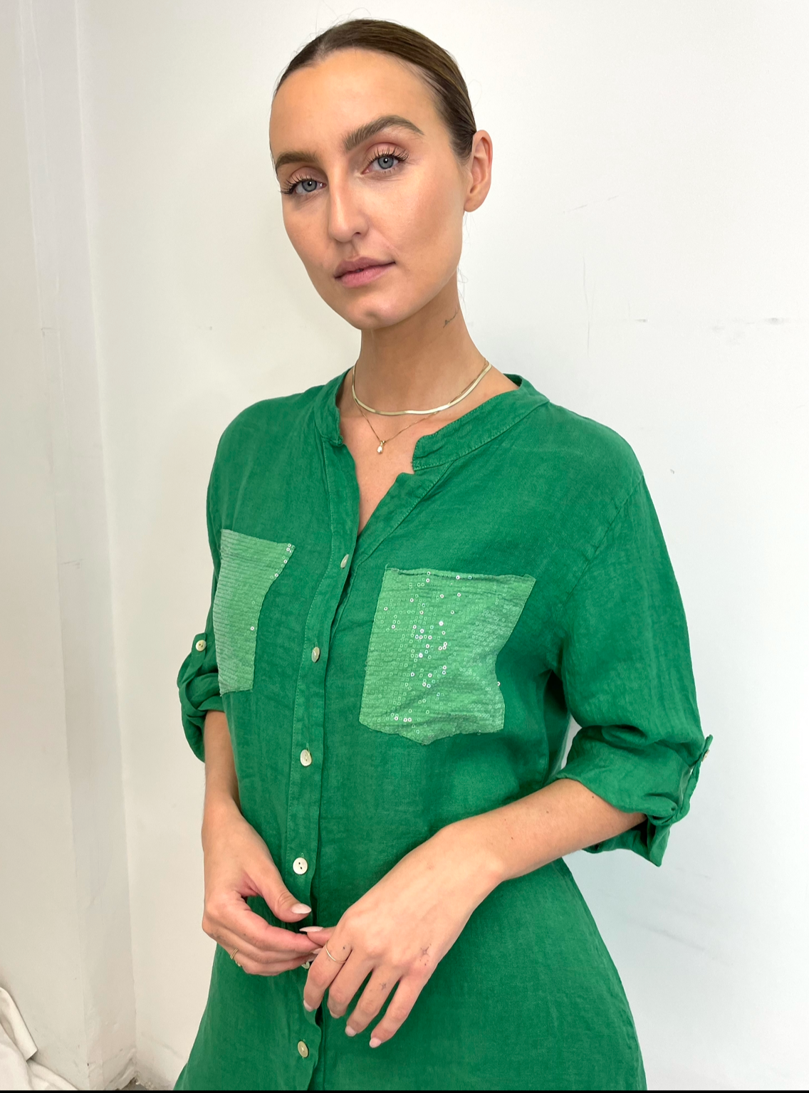 MINI Linen L/S Dress Sparkle Pocket Detail - Green