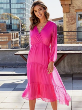 The Pink Door L/S Fuchsia Silk Tiered Dress