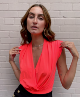 The Pink Door Cowl Neck Bodysuit - Neon Orange